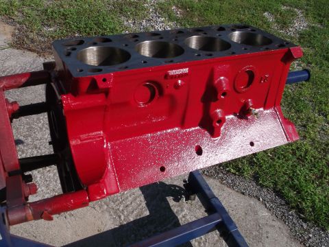 1957 Ford Custom Sedan - Engine block on a stand, ready for rebuild or installation.
