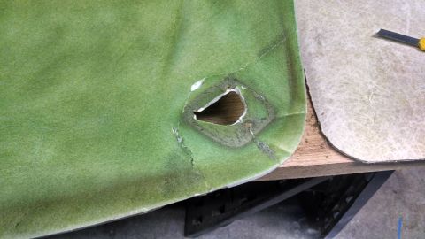 1992 Ford Bronco - Corner repair. You can see the original '92 headliner on the right. It's more of an oriented strand and not as ridged, but less brittle. I'…