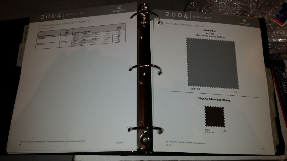 2004 Mercury dealership interior sample guides. Includes the Marauder's interior fabric samples.