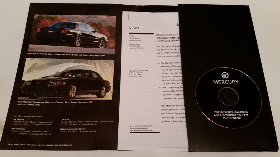 Rare Mercury Marauder press kit. Includes multiple press releases, glossy photos, and a press kit CD.

*SOLD*