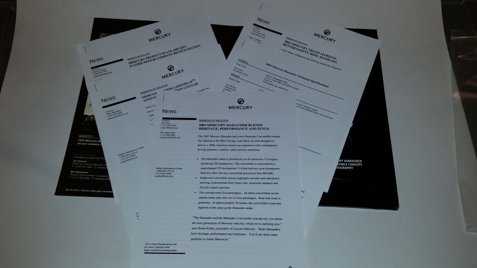 Rare Mercury Marauder press kit. Includes multiple press releases, glossy photos, and a press kit CD.

*SOLD*