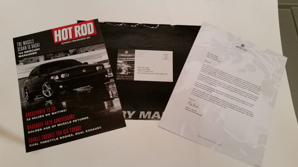 Marauder Hot Rod magazine, letter, and envelope sent to prospective Marauder owners in 2002.
*SOLD*