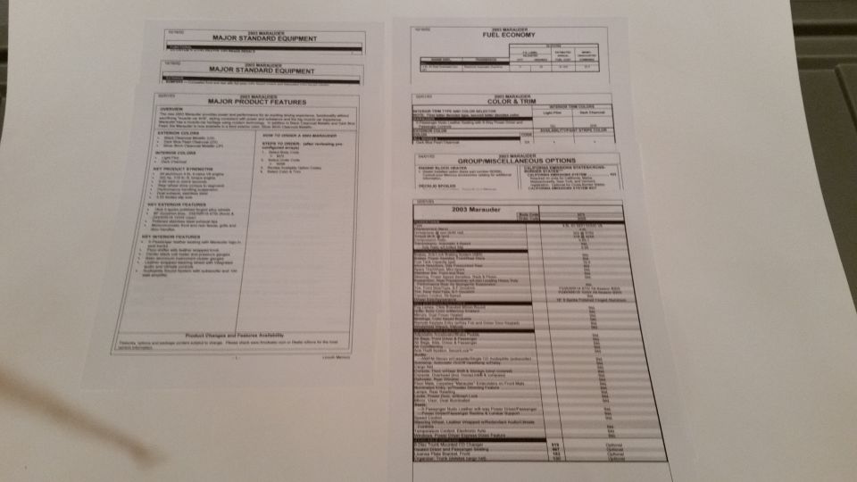 2003 Dealer Marauder specifications sheets. 

Seven pages. 

*SOLD*