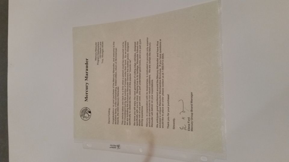 Congratulations letter form Ford to new Marauder owners. 

$10