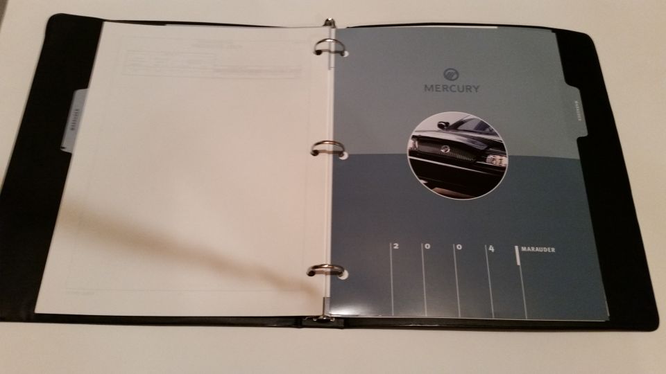 2003 AND 2004 dealer-only Marauder specifications binder. 

2004 section pictured. 

*SOLD*