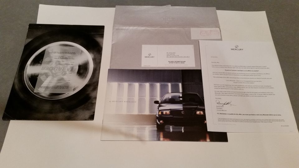 Marauder poster and 2003 brochure including original Mercury-embossed envelope sent to prospective Marauder owners. Also includes a letter from Ford. 

$50