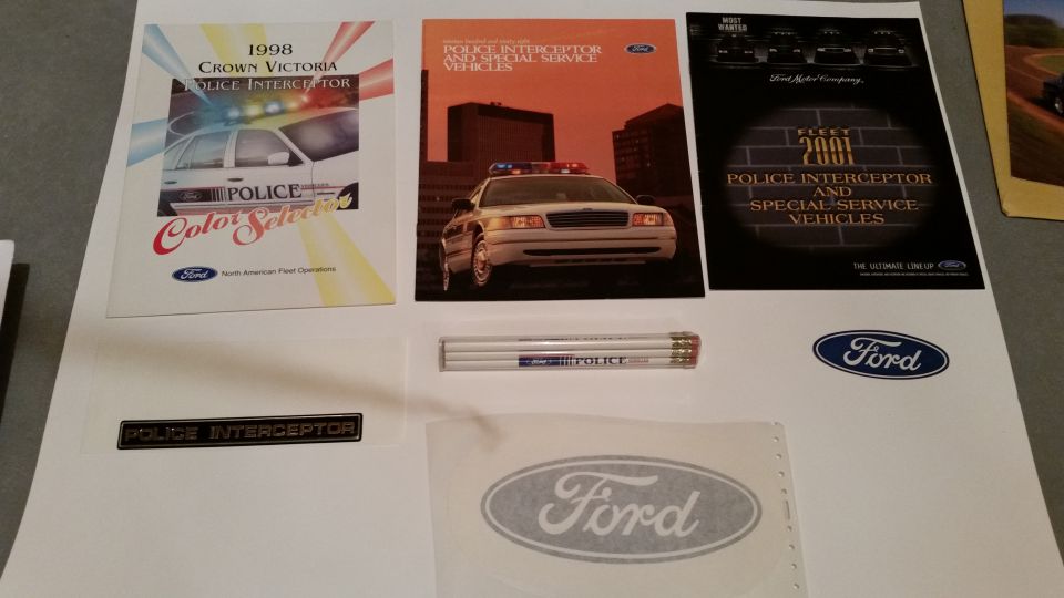 Rare two 1998 Police Interceptor brochures, a 2001 Police vehicles brochure. $40 for the '98 and $20 for the 2001.

The '98 is the first brochure introducing the new body style. 

Very rare Ford Police Vehicles pencils from the early '90s. $20

Raised lettering Police Interceptor decal. $10

Two Ford logo decals. $10 each