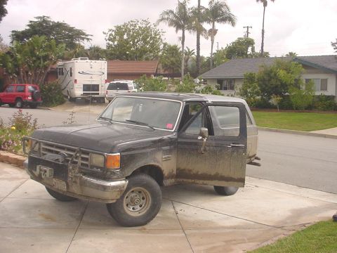 1988 Ford Bronco - This 1988 Ford Bronco is seen with its driver's door ajar, parked on a concrete driveway with other vehicles in the background.