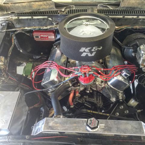 1979 Ford Bronco - A close-up view of a modified V8 engine bay, featuring chrome valve covers, a K&N air filter, and red MSD ignition wires.