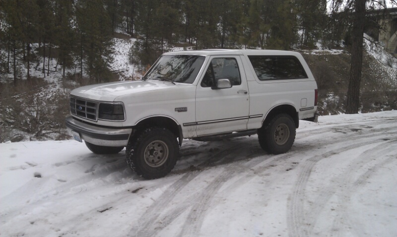 White Ford Bronco parked on a snowy road with trees in the background