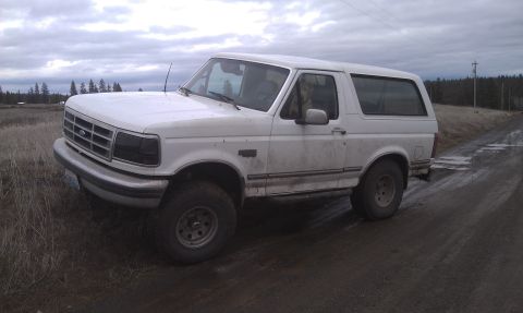 1992 Ford Bronco - A dirty white 1992 Ford Bronco is parked on a muddy, wet dirt road next to dry grass and trees under a cloudy sky.