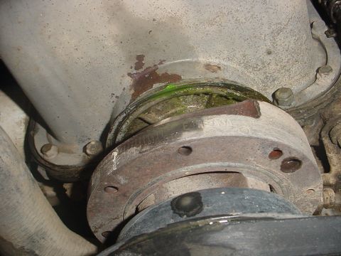 1988 Ford Bronco - Water pump assembly showing signs of leakage and corrosion.