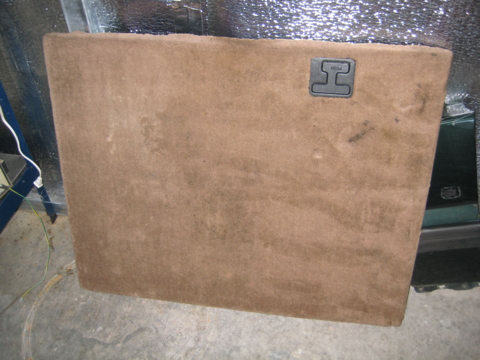 Brown carpeted panel with black PUSH latch, next to a dark green vehicle door.