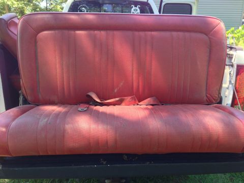 1979 Ford Bronco - The interior rear bench seat of a vehicle is shown, upholstered in red vinyl with vertical stitching. A red seatbelt is visible across the…