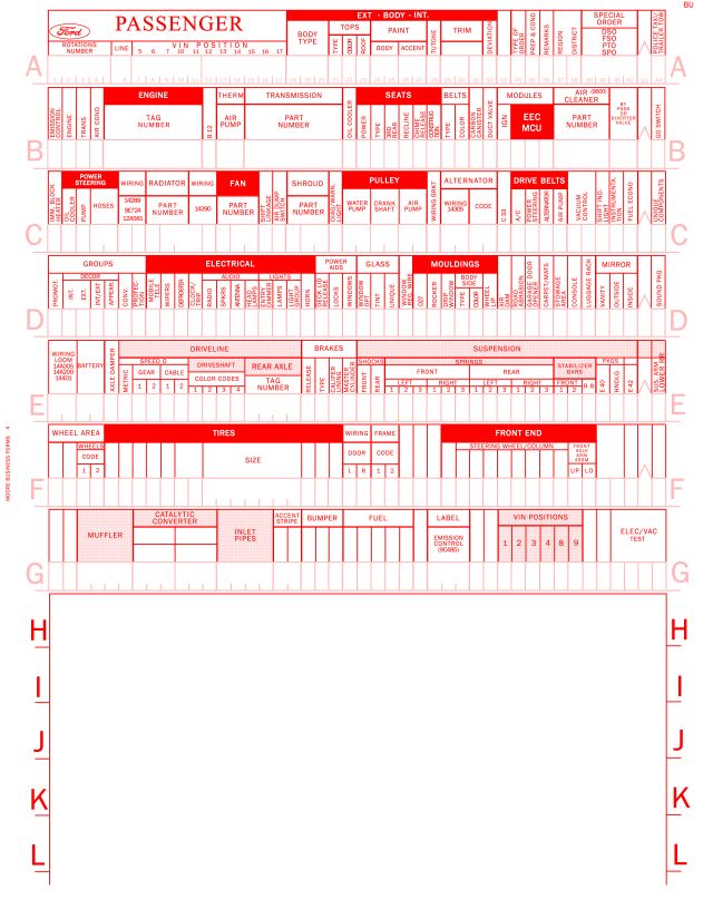 Blank Ford Passenger vehicle specification form with engine, electrical, suspension and tire fields