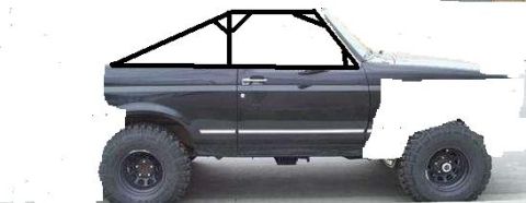 1992 Ford Bronco - Side view of a black SUV with a roll cage outline and a SuperMotors logo visible.