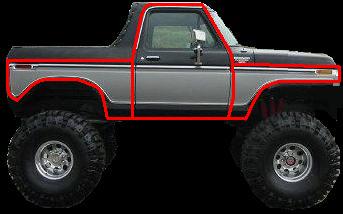 1978 Ford Bronco - A digitally edited side-profile mockup of a black-over-silver two-tone 1978-79 Ford Bronco with the top removed, sitting lifted on large mu…