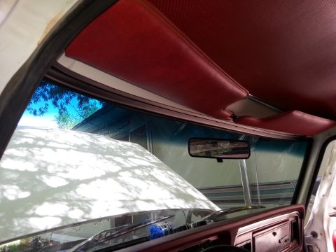 1978 Ford Bronco - Interior view of a classic Ford truck or SUV, looking through the windshield. The red headliner and dashboard are visible, along with the r…