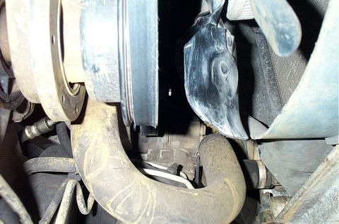 1995 Ford Bronco - Close-up view of engine components, including pulleys and hoses, with a black fan shroud.