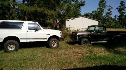 1996 Ford Bronco - A white 1996 Ford Bronco is parked next to a brown Ford pickup truck in a grassy area with trees and a building in the background.