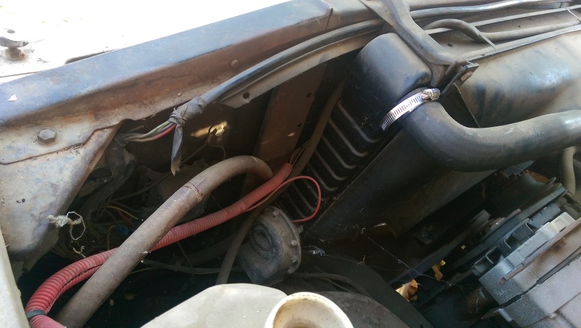 Engine bay with radiator hose and wiring