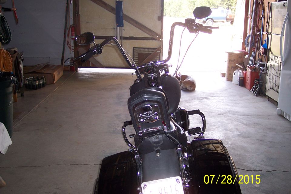 Rear view of a black Harley-Davidson motorcycle with custom handlebars and a skull emblem on the taillight assembly. A license plate is visible