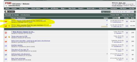 1996 Ford Bronco - This is a screenshot of a forum thread titled "Introductions" on the FSB Forums website. The page displays a list of forum topics, includin…