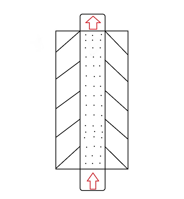 Diagram of a rectangular shape with chevron patterns and arrows
