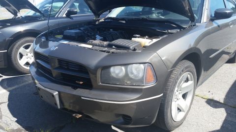 2001 Ford Crown Victoria - Two cars are parked outside with their hoods up, revealing their engines.