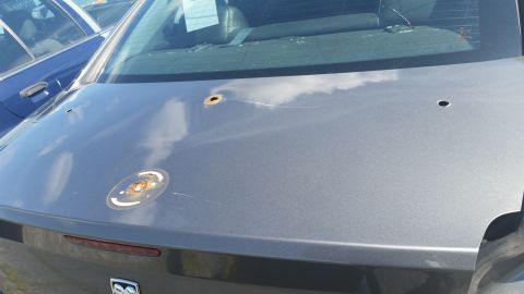 2001 Ford Crown Victoria - Photo of a gray vehicle hood panel with emblem mounting holes and surface marks.