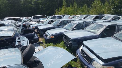 2001 Ford Crown Victoria - Photo of partly dismantled vehicles in an outdoor salvage yard, not a document.