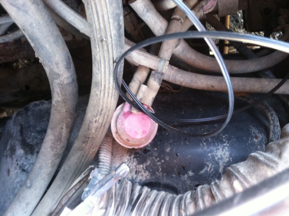 Engine bay hoses and a pink vacuum fitting on a 1985 Ford Bronco.