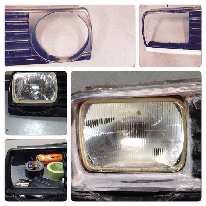 Close-up of car headlight assembly with grille and tools nearby