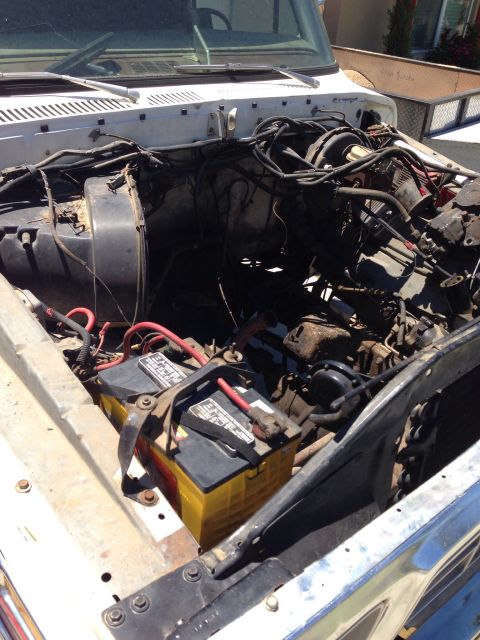 1978 Ford Bronco - Engine bay of a 1978 Ford Bronco, dual batteries and complex wiring.