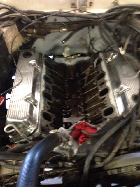 1978 Ford Bronco - Close-up view of an engine with chrome valve covers and the intake manifold removed, revealing internal components.
