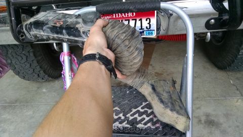 1979 Ford F-150 - A person holds a dirty, flexible air intake hose in front of a vehicle's rear tire and bumper.