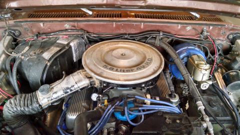 1979 Ford F-150 - The engine bay of a 1979 Ford F-150, its 5.8 Liter 4V HO engine and dual snorkel air cleaner.