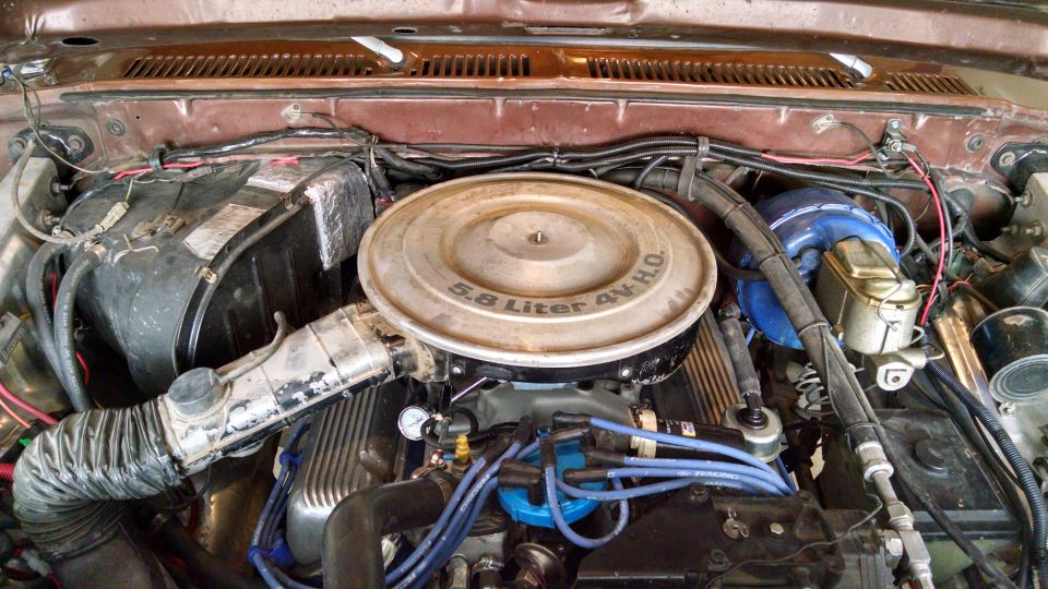 Engine bay of a 1979 Ford F-150, showing the 5.8 Liter 4V HO engine with a dual snorkel air cleaner