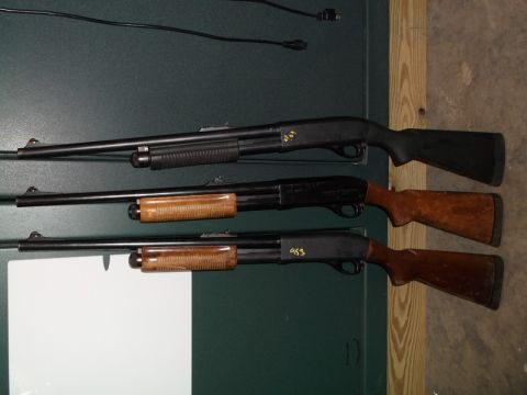 1995 Mercury Grand Marquis - Three shotguns are mounted on a dark green wall, with two wooden furniture and one with a black synthetic stock.