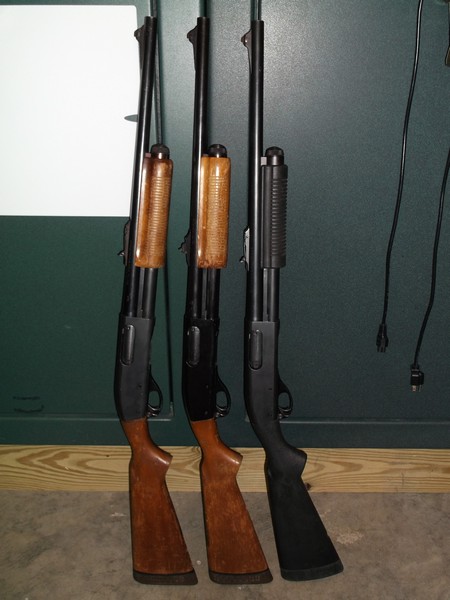1995 Mercury Grand Marquis - Three shotguns are displayed vertically against a dark green wall with wooden trim at the bottom.
