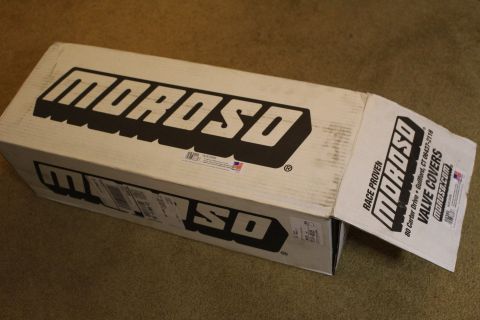2003 Ford Crown Victoria - white Moroso cardboard shipping box with bold black branding and an attached 'Valve Covers' product label.