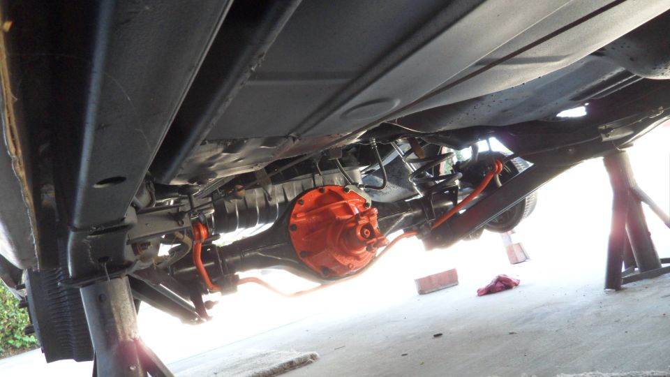 Undercarriage of a vehicle on jack stands, showing the rear differential and suspension components
