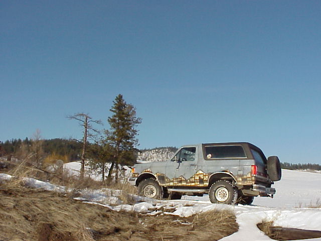 Gray Ford Bronco with custom mountain graphics parked in a snowy field