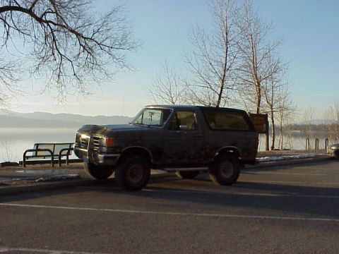 1989 Ford Bronco - A dark 1987 Ford Bronco is parked near a lake on a clear day, with bare trees in the foreground and mountains in the distance.