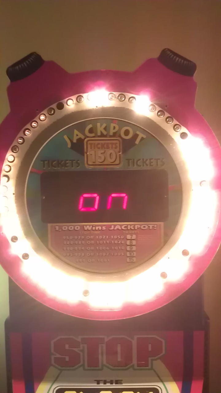 Arcade game jackpot display showing 150 tickets and '07' on the digital readout