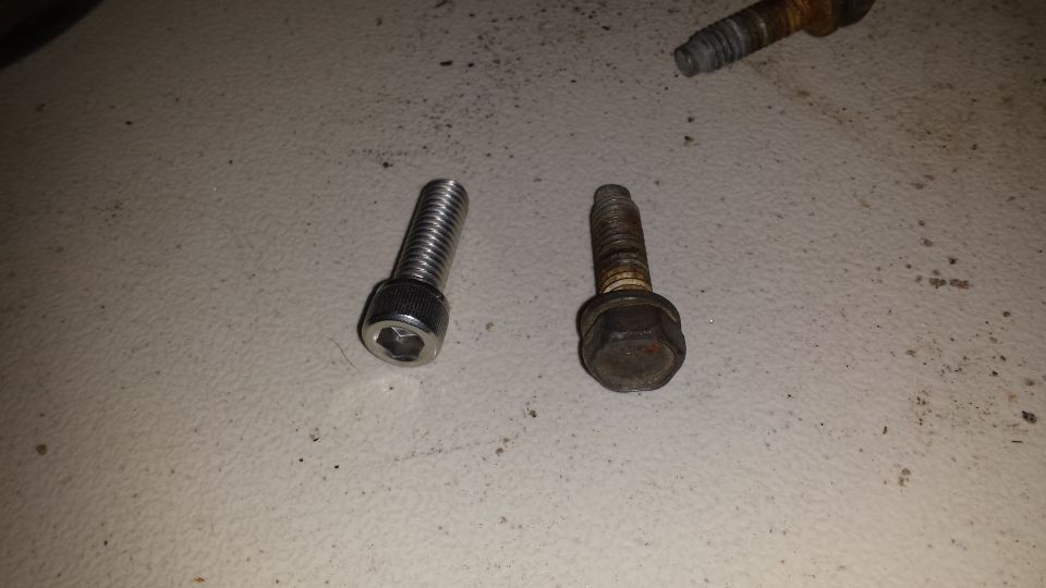 Clean silver Allen head bolt next to a rusted hex head flange bolt.