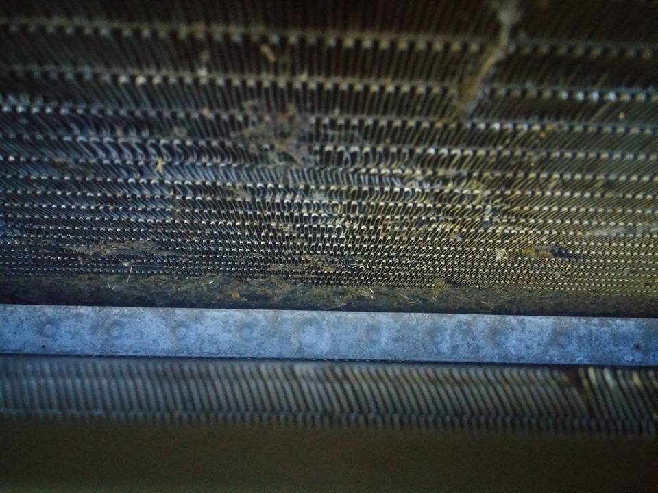 Close-up of dirty radiator or A/C condenser fins