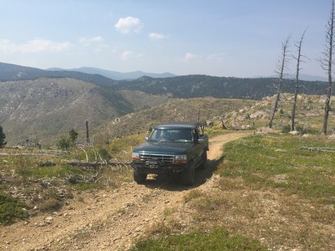 1994 Ford Bronco - A dark green 1994 Ford Bronco navigates a winding dirt road through a scenic, mountainous terrain.