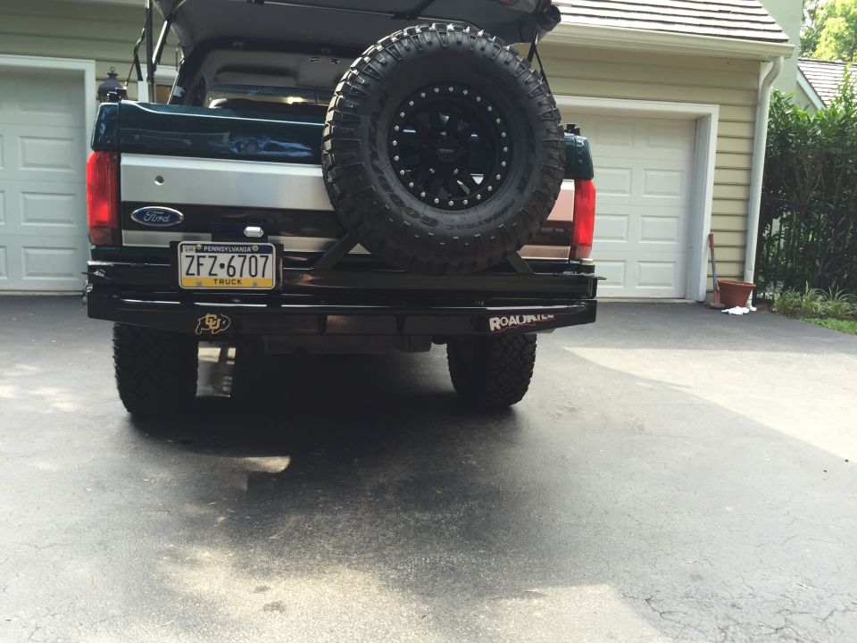 1994 Ford Bronco rear with spare tire mounted on custom bumper, Pennsylvania license plate ZFZ-6707