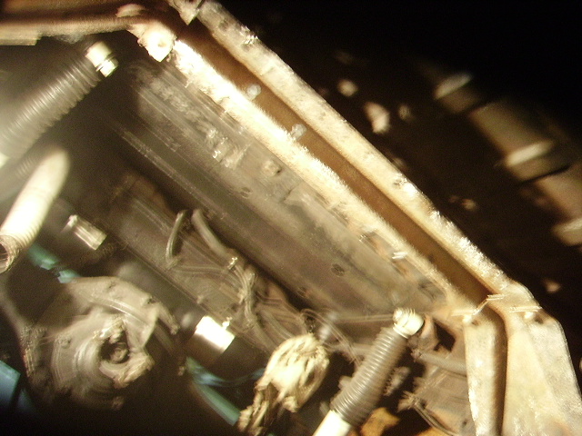 Undercarriage view of a vehicle, showing hoses, frame rails, and suspension components
